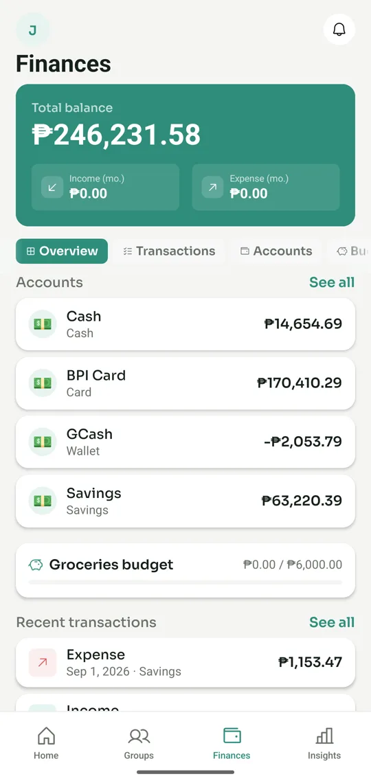 Finances tab with accounts and budgets