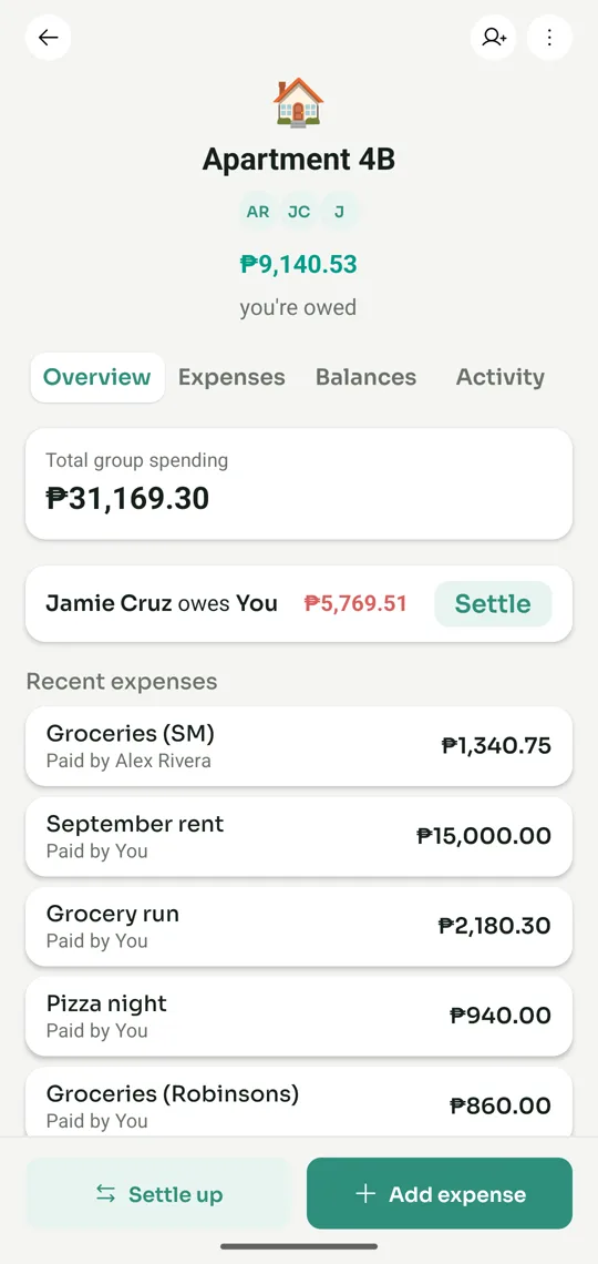 A group overview with who owes whom and recent expenses