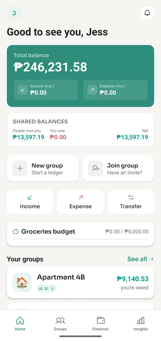 SplitEven home screen showing total balance and your groups