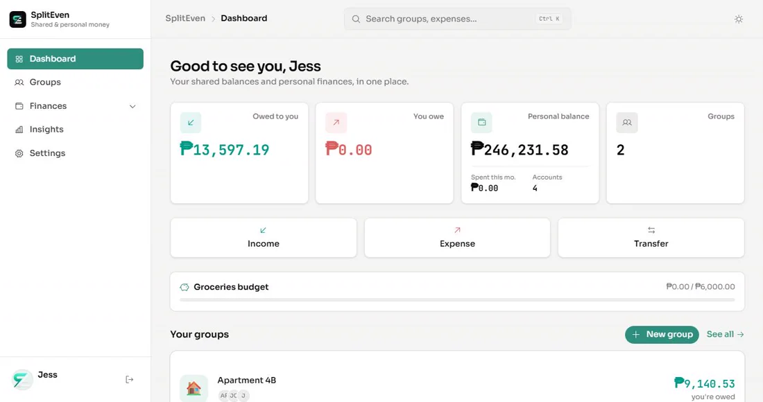 Web dashboard with shared balances, personal balance, and your groups
